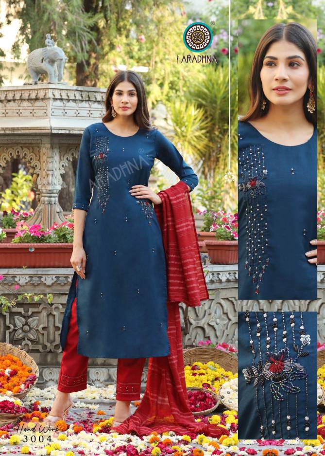 Aradhna Hand Work 3 Heavy Stylish Party Wear Kurti With Pant And Dupatta Readymade Collection